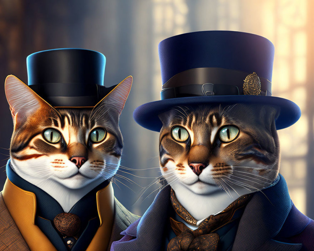 Anthropomorphic Cats in Victorian Attire with Top Hats in Autumnal Forest