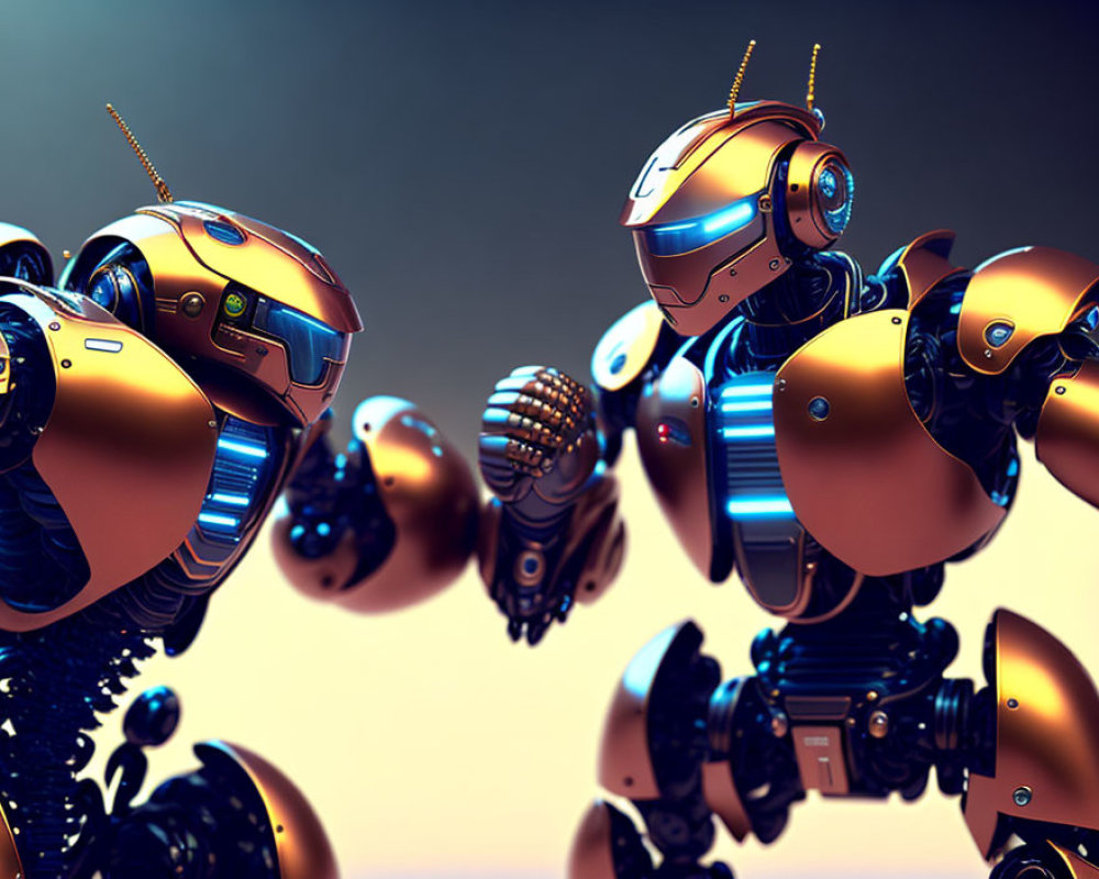 Futuristic robots with golden and blue armor details facing each other