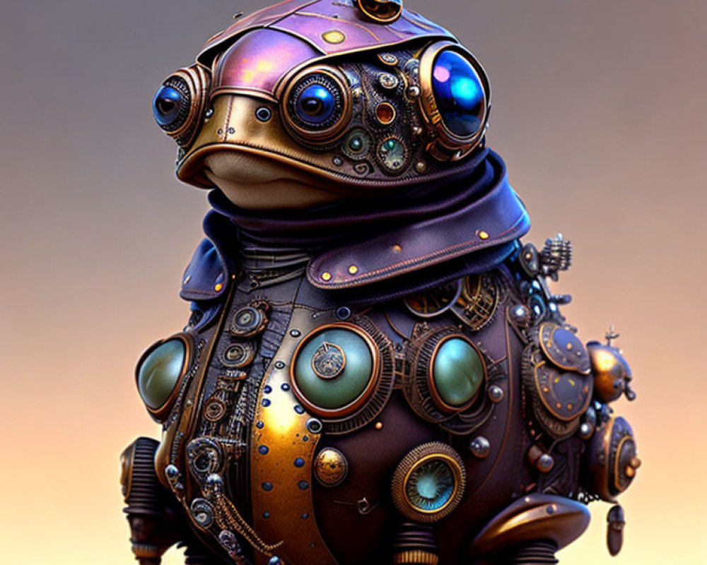 Mechanical Frog Sculpture with Steampunk Design on Twilight Background