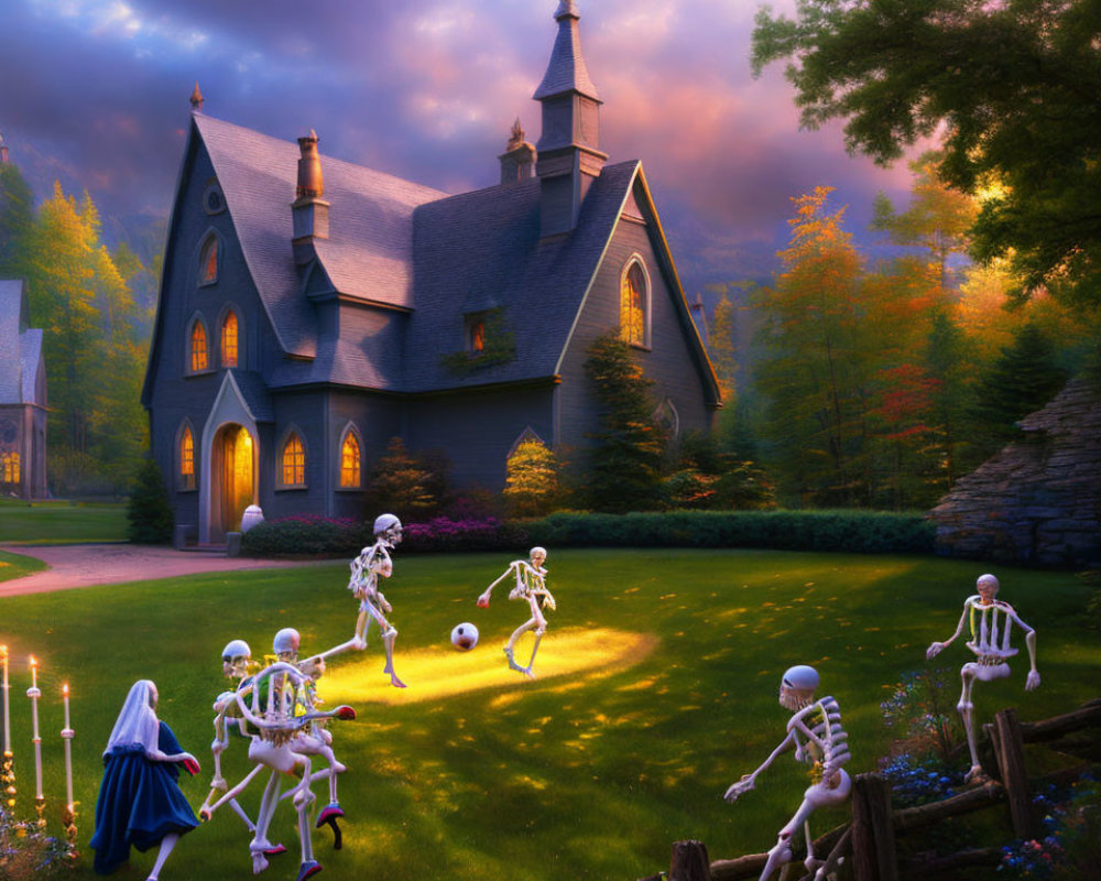 Gothic house scene: skeletons playing with a girl in sunset light