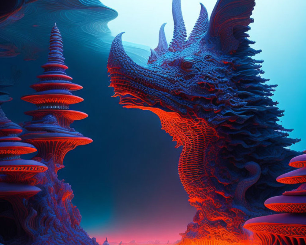 Majestic dragon digital artwork with intricate scales and surreal spiral structures