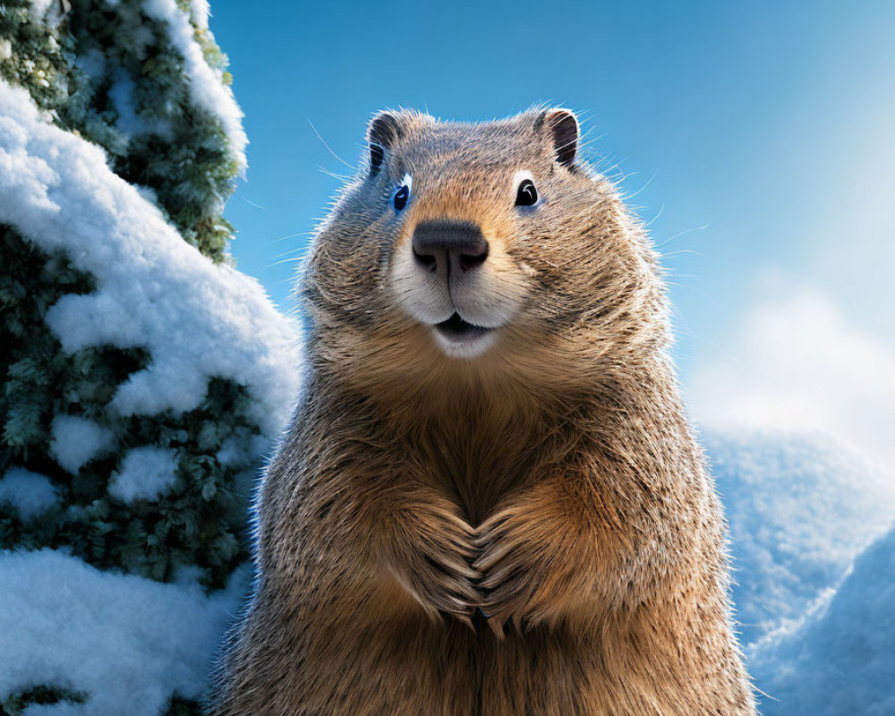 Curious groundhog in snow under clear blue sky