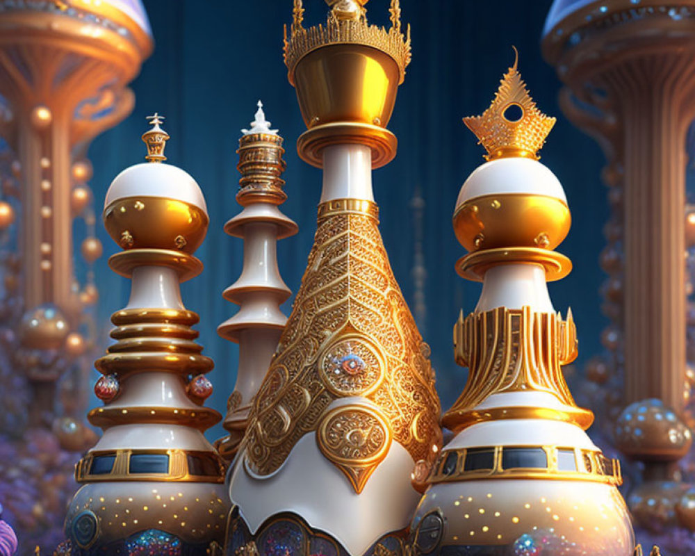 Intricate Golden Chess Pieces on Fantastical Mushroom Backdrop