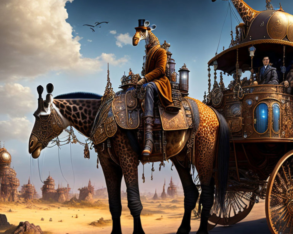 Steampunk-inspired artwork: person on mechanical giraffe in fantastical setting