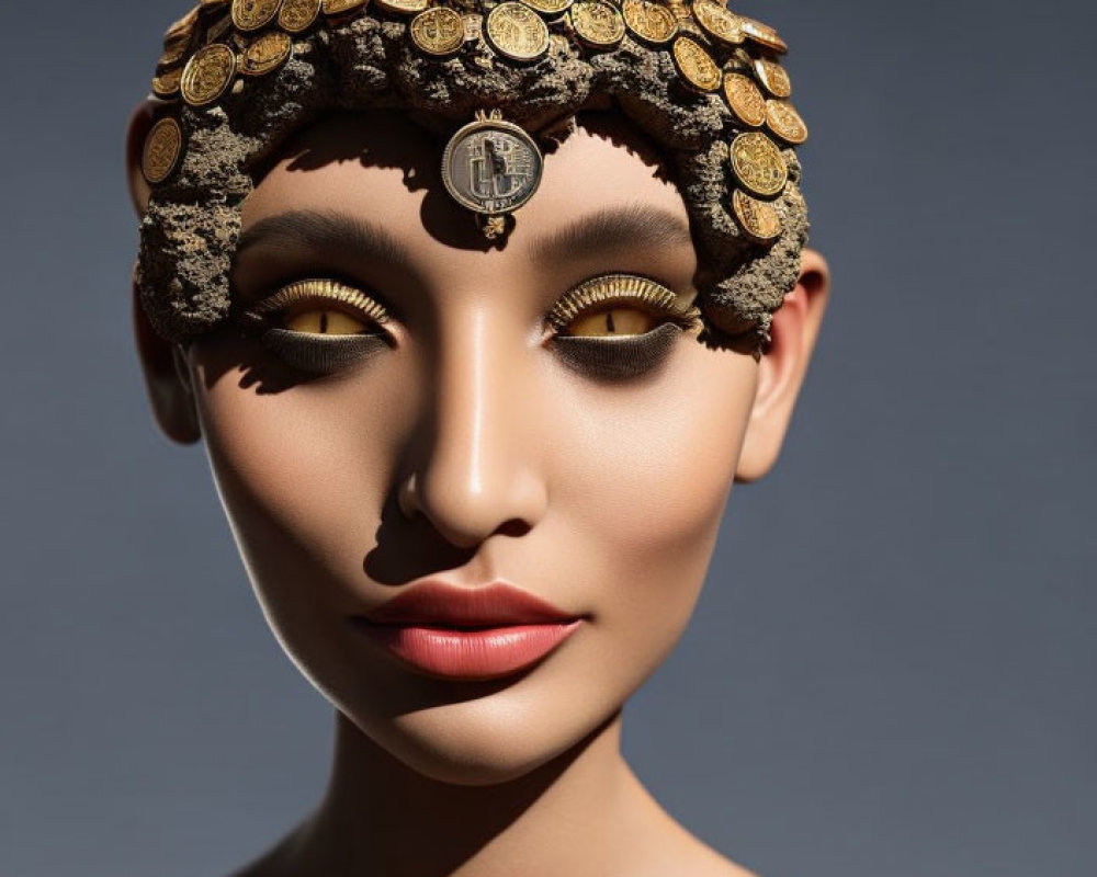 Woman with Golden Coin Headdress and Dark Eye Makeup in Elegant Pose