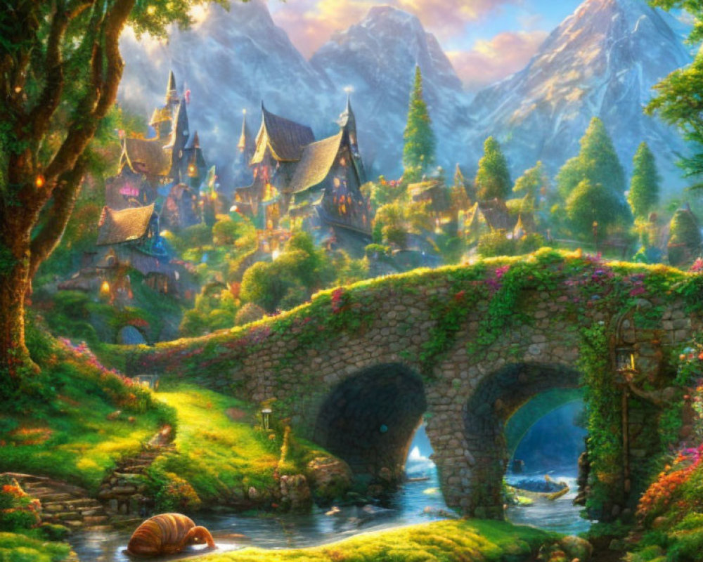 Fairytale Village with Stone Bridge in Green Landscape