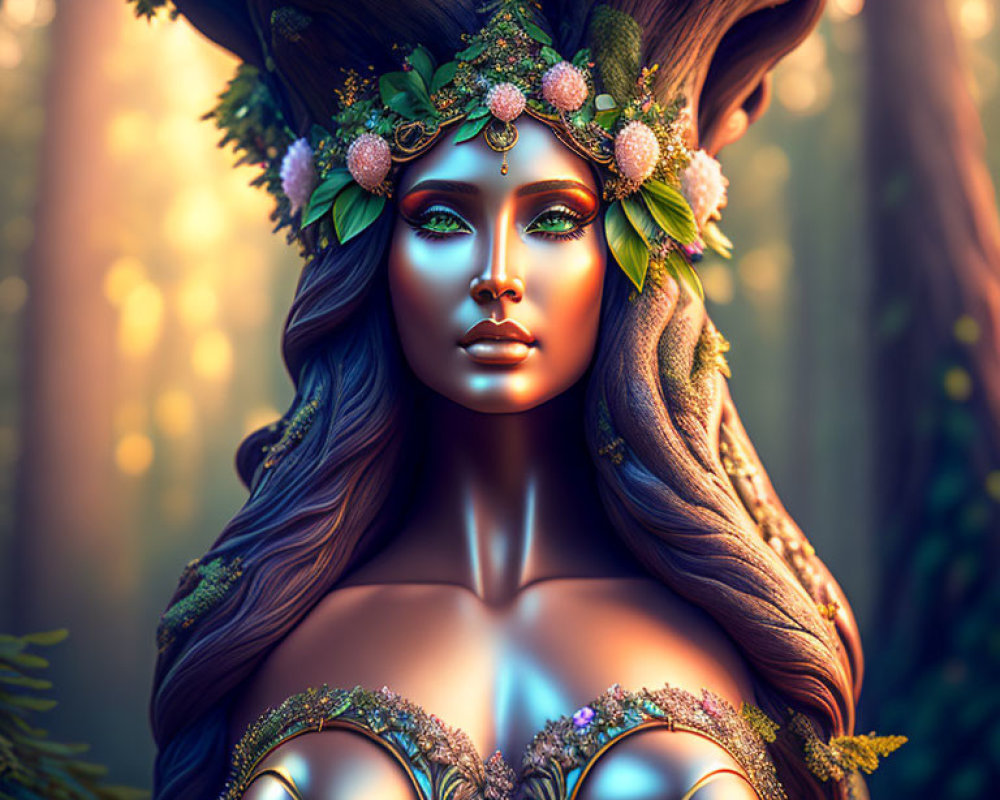 Forest-themed female figure with elaborate headpiece in lush greenery