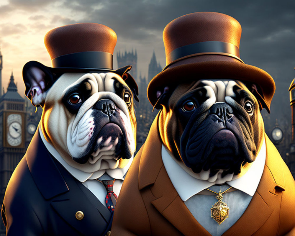 Stylized bulldogs in formal attire with top hats in front of Big Ben