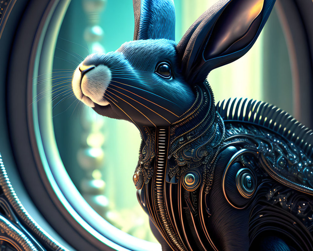 Detailed digital illustration of mechanical rabbit near round-framed mirror reflecting blue light