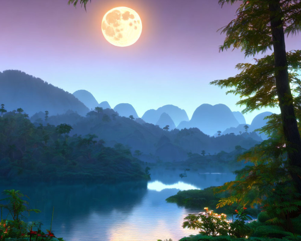 Tranquil dusk landscape with full moon, misty mountains, and calm lake