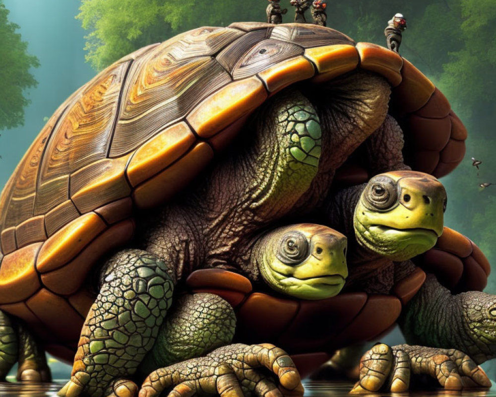 Animated Family of Turtles Gather Around Large Turtle in Forest Setting