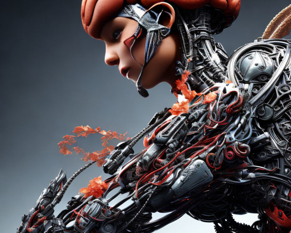 Detailed Close-Up of Female Cyborg with Exposed Mechanical Parts