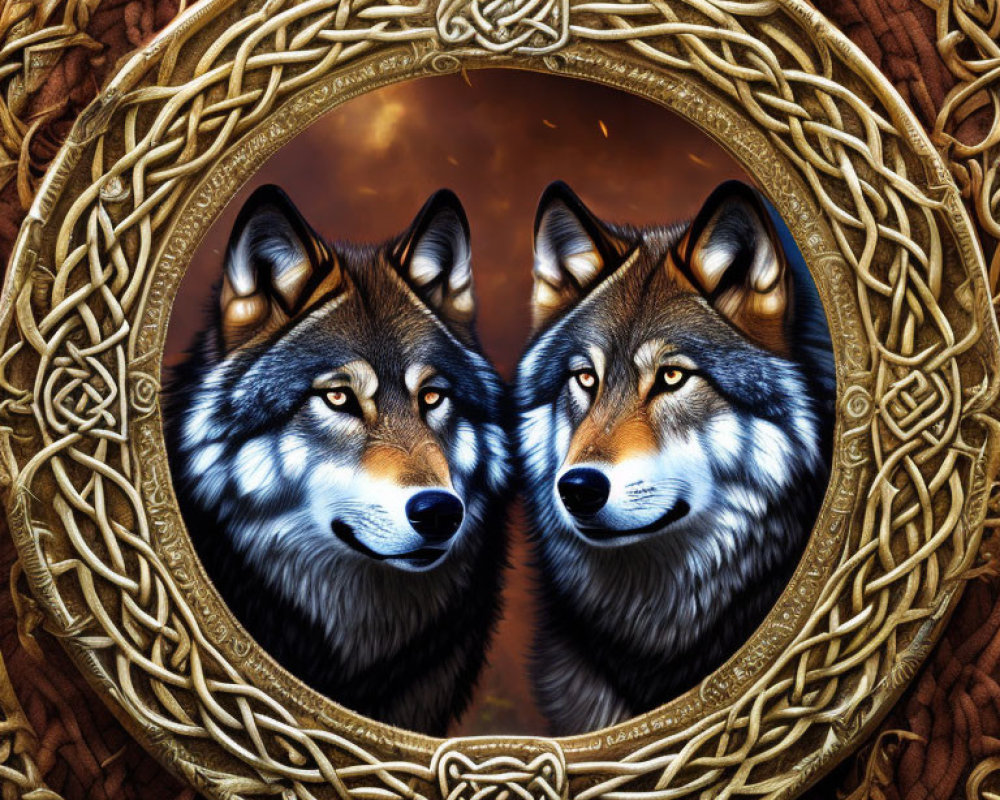 Symmetrical wolves in Celtic knot frame on warm backdrop