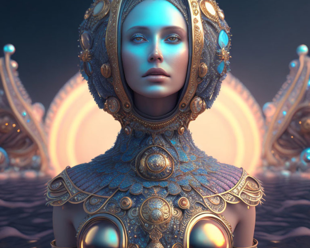 3D image of woman in ornate golden and blue armor with headdress amid symmetrical structures.