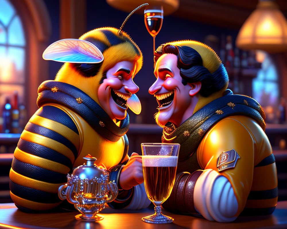 Animated bees in a bar toasting drinks and smiling