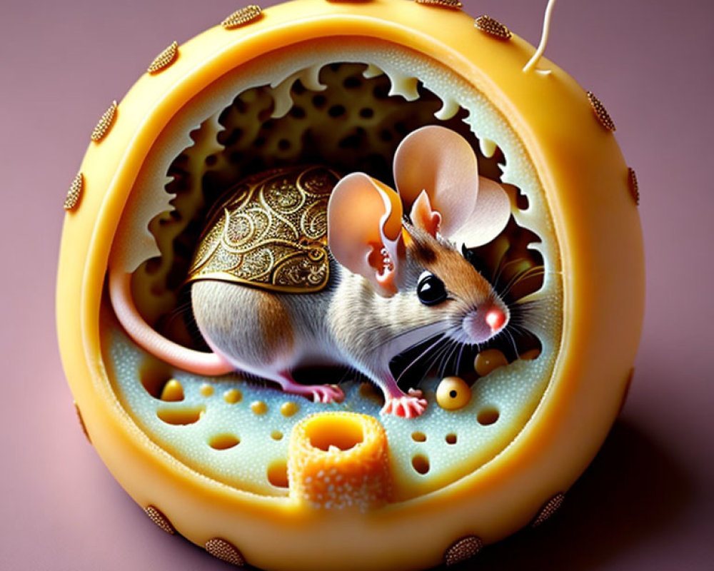 Whimsical mouse with patterned fur in cheese wheel house illustration