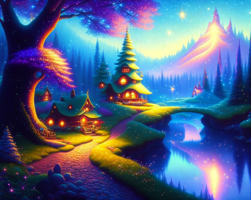 Vibrant night scene with starry trees, sparkling river, and cozy forest cottages