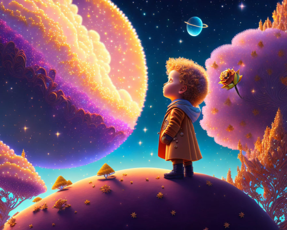 Child on Small Planet Observing Colorful Cosmos