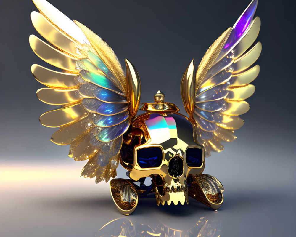 Golden human skull with crown and colorful wings on dark background