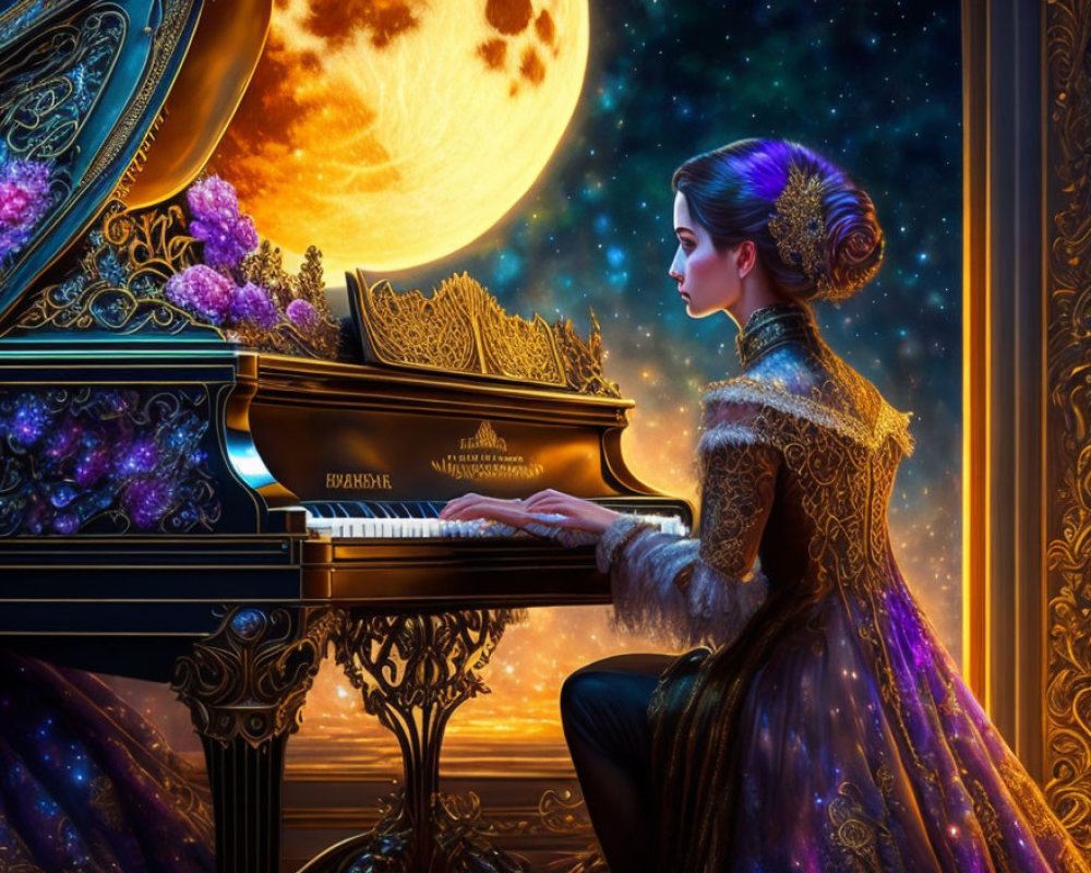 Woman in regal gown plays grand piano by window overlooking starry night.