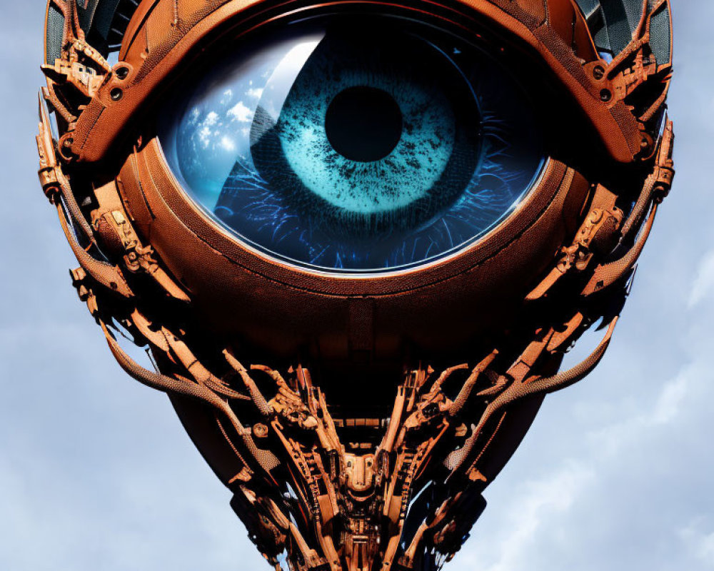 Futuristic mechanical structure with blue human eye on cloudy sky