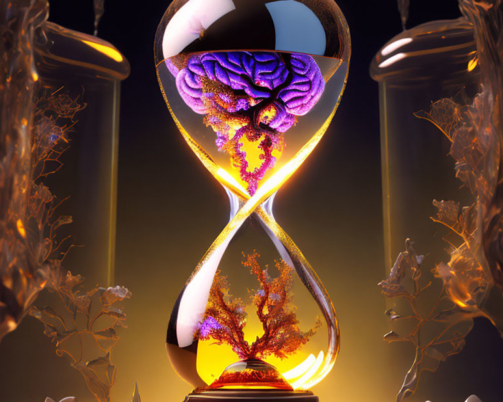 Hourglass with brain and tree, surrounded by leaves and eggshells under soft glow