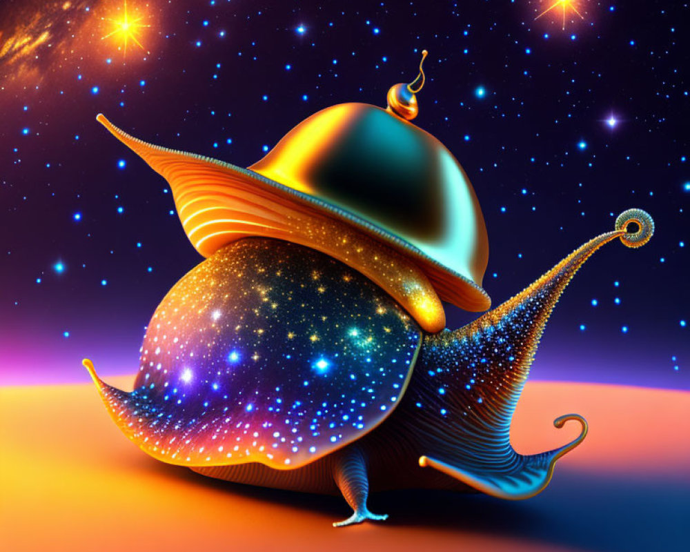 Colorful digital artwork: Snail with golden shell in cosmic setting