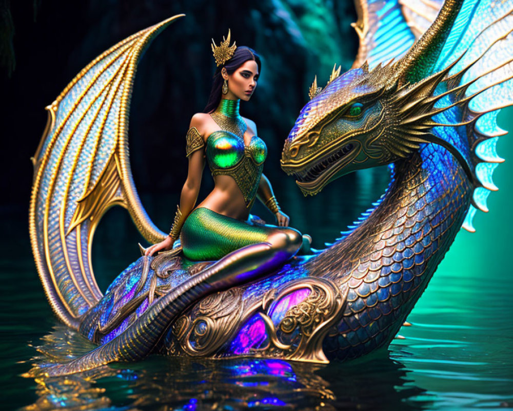 Fantasy illustration of a woman in dragon-themed armor riding a serpentine dragon in mystical grot