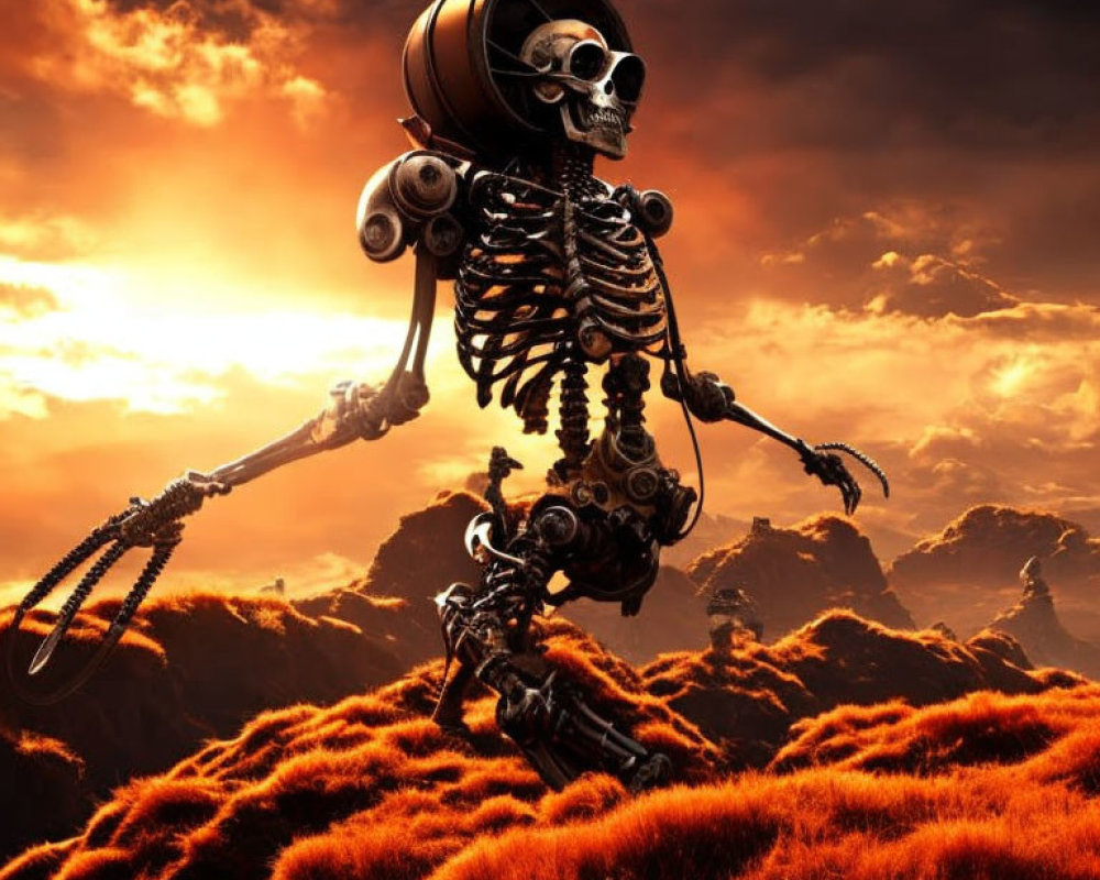 Robotic skeleton with skull head in fiery landscape