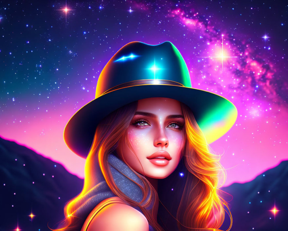 Digital portrait of woman with flowing hair in vibrant hat against starry sky.