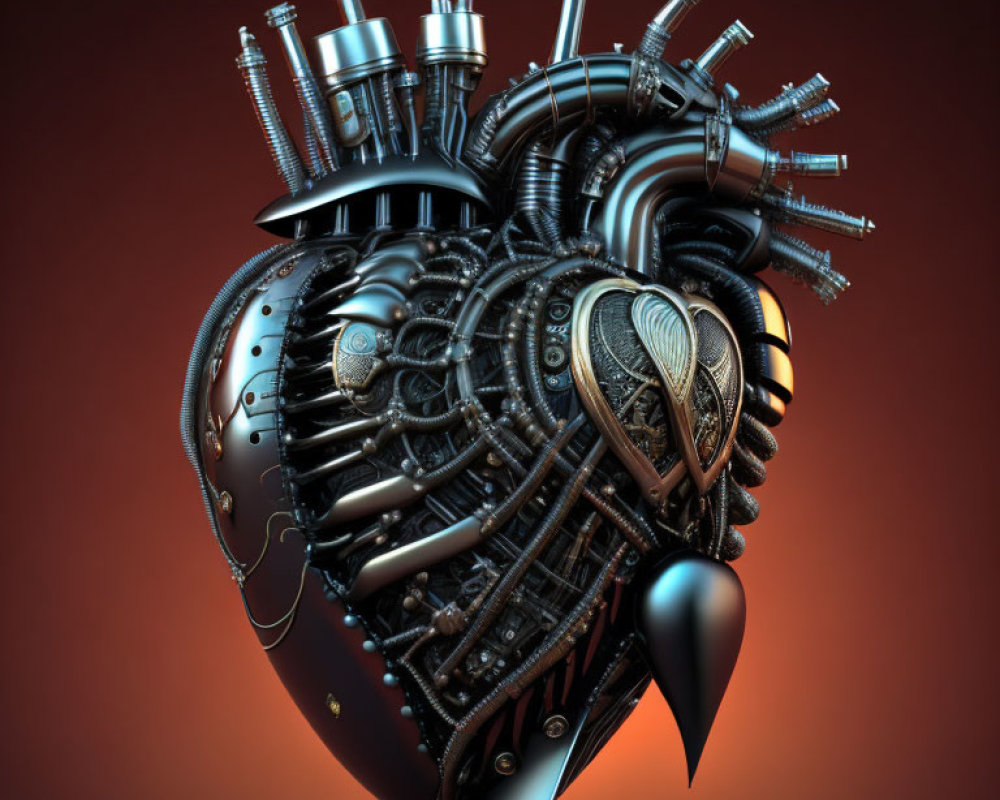 Steampunk-style mechanical heart with gears and pipes on warm reddish background