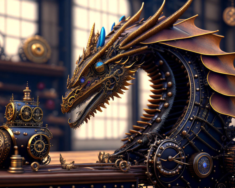 Detailed Steampunk Mechanical Dragon with Gears and Gemstones