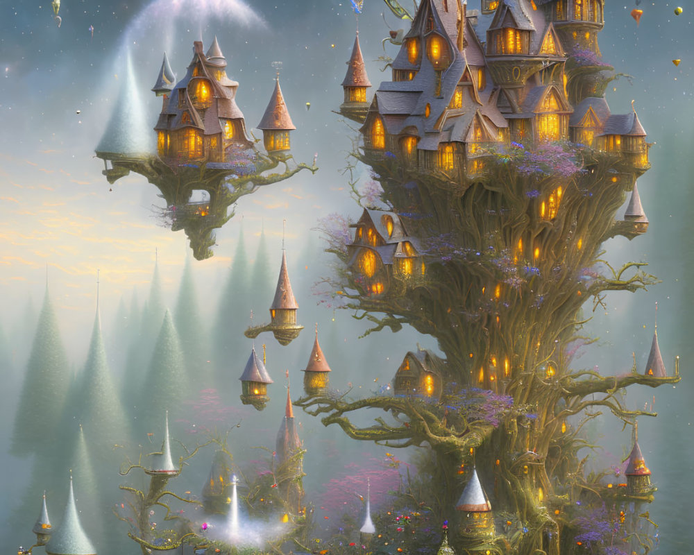 Fantasy tree with towering houses, glowing lights, floating islands in twilight sky