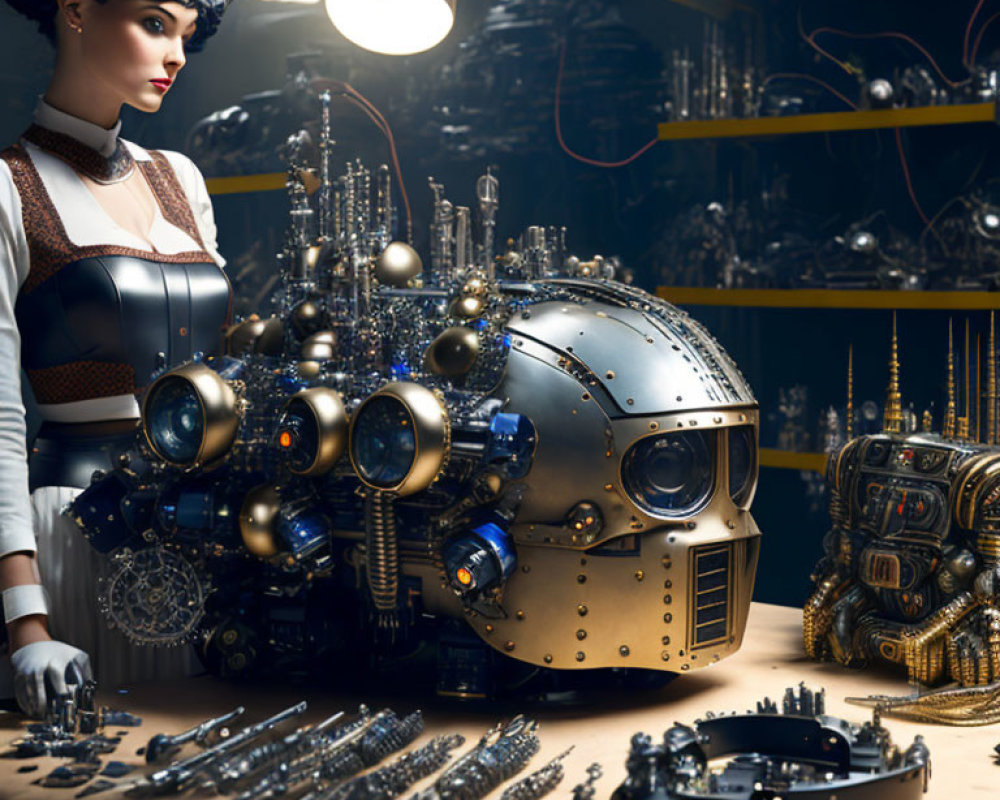 Steampunk Woman Building Robotic Head in Workshop