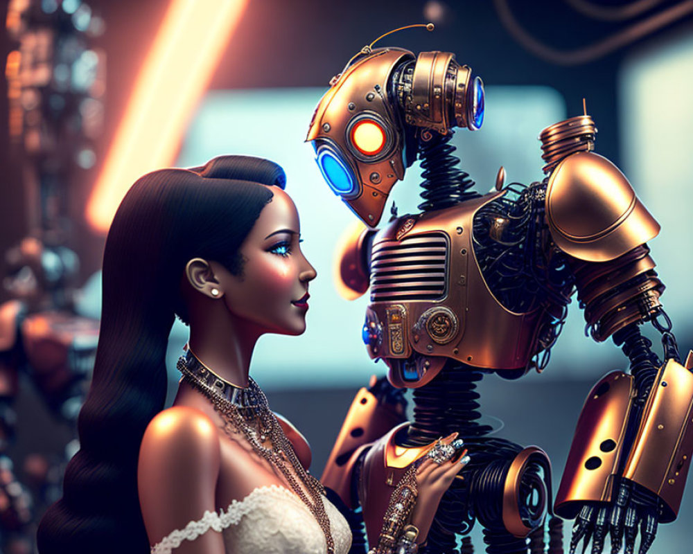 Elegant woman and steampunk robot in contemplative scene