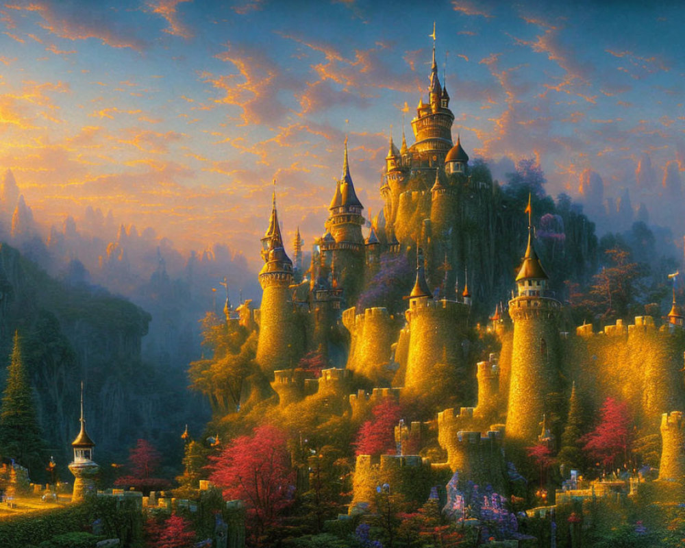 Golden castle in lush, colorful forest with towering spires