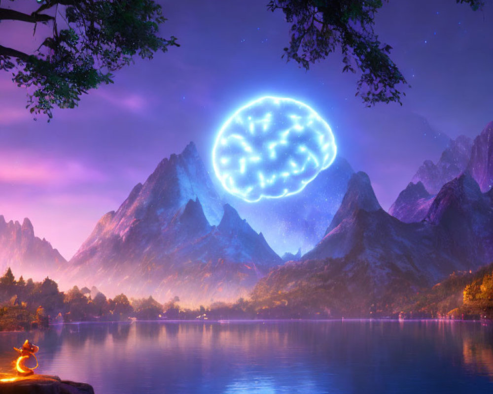 Surreal landscape with neon brain, mountains, lake, starry sky, and person by camp