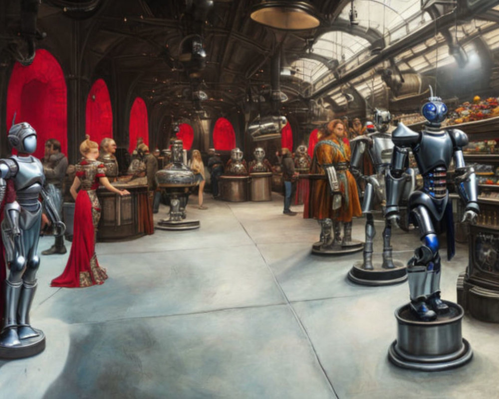 Futuristic banquet hall with robotic and human figures in medieval attire