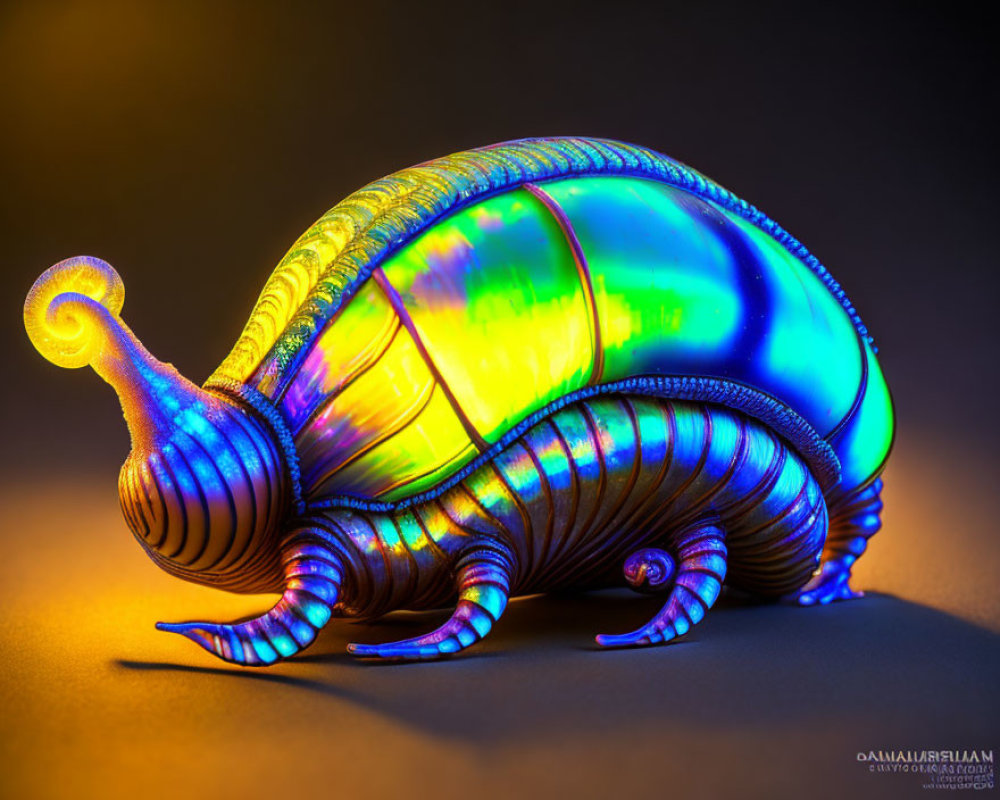 Iridescent snail sculpture with green and yellow shell on orange background