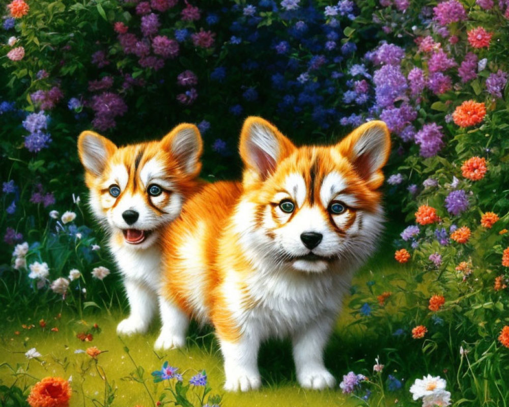 Whimsical fox-like puppies with blue eyes in colorful garden