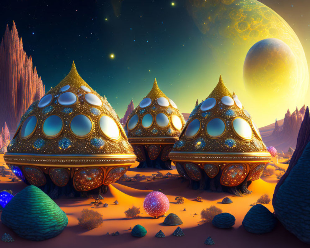 Colorful flora and dome-shaped structures in alien desert landscape