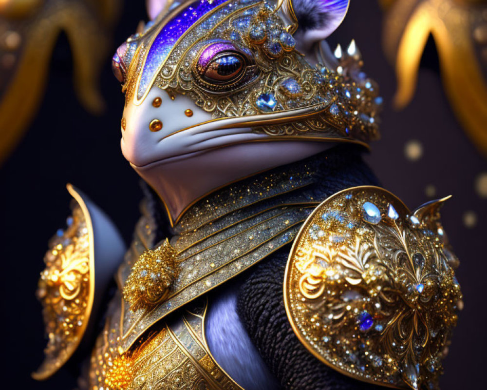 Regal anthropomorphic frog in golden armor with intricate designs