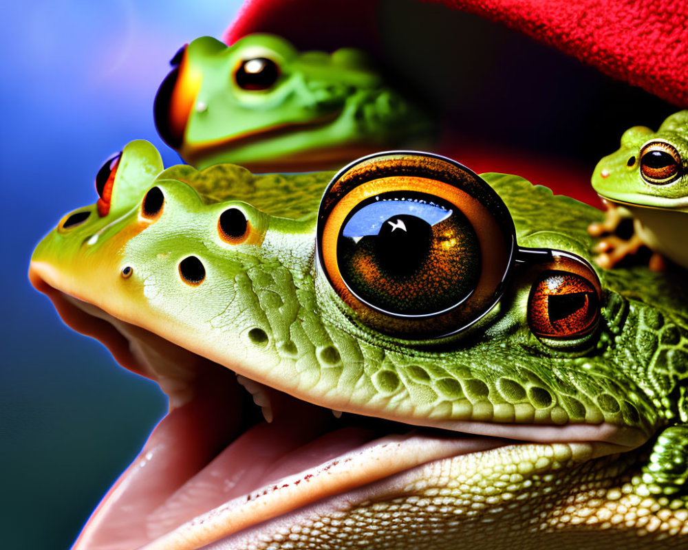 Colorful Frogs with Large Eyes on Blurred Background