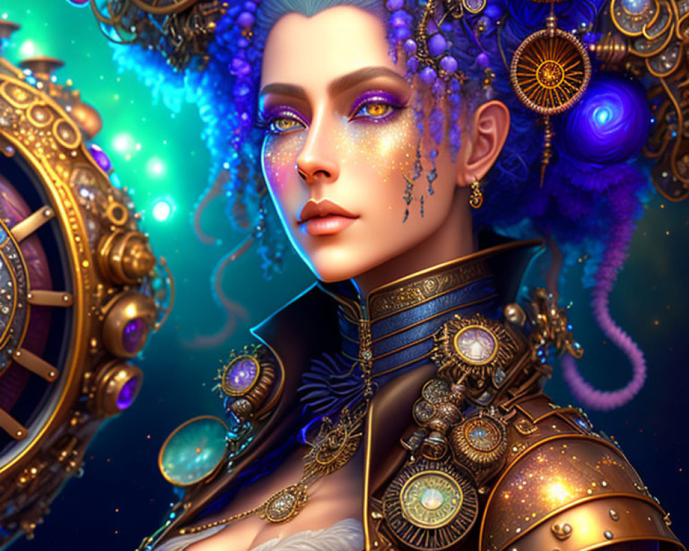 Blue-skinned woman in golden armor with cosmic headdress on starry backdrop