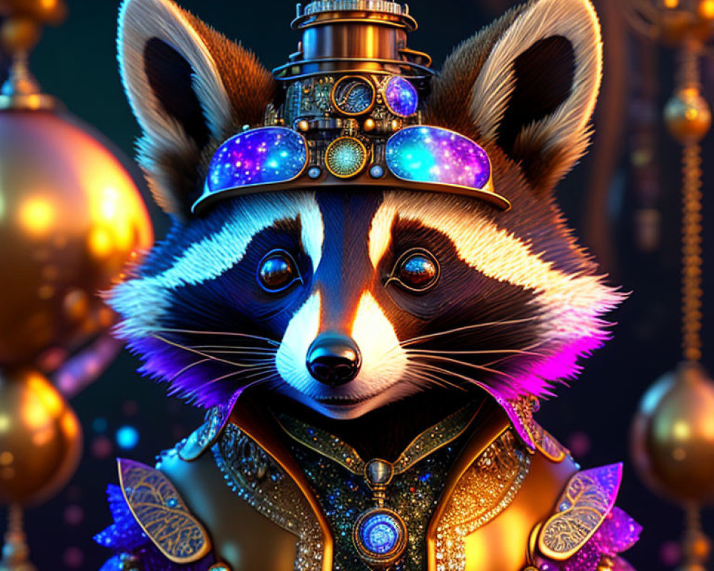 Detailed anthropomorphic raccoon in steampunk attire with ornate golden accents.