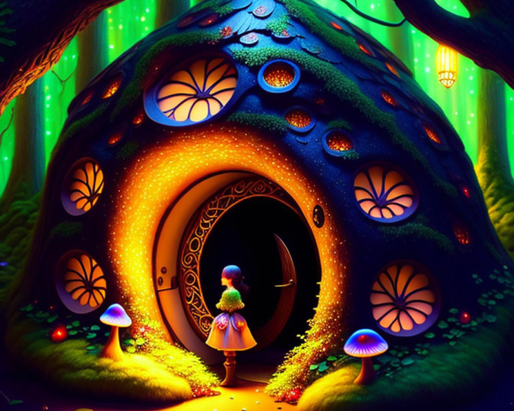 Child in front of glowing mushroom house in whimsical forest at night