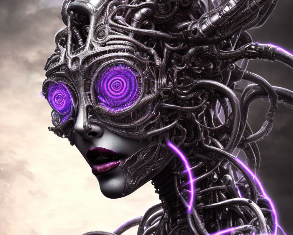 Detailed Image: Female Android with Cybernetic Enhancements and Purple Glowing Eyes