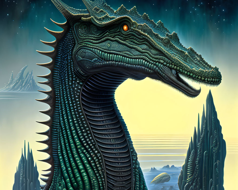 Majestic green dragon illustration on starry night backdrop