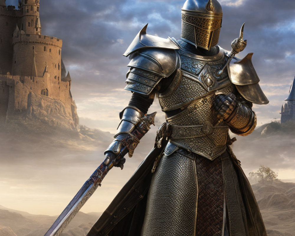 Knight in ornate armor with sword stands before castle under dramatic sky