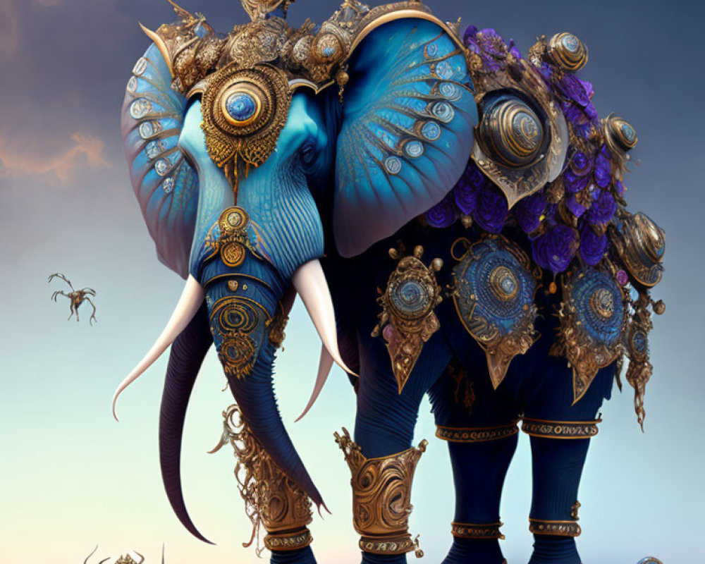 Surreal elephant with gold armor and blue skin on gradient background